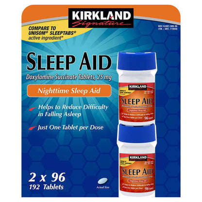 Cos7 Kirkland Signature Doxylamine Succinate Tablets ,25mg Nighttime Sleep AID - 2 X 96 Tablets (192 Tablets Total)