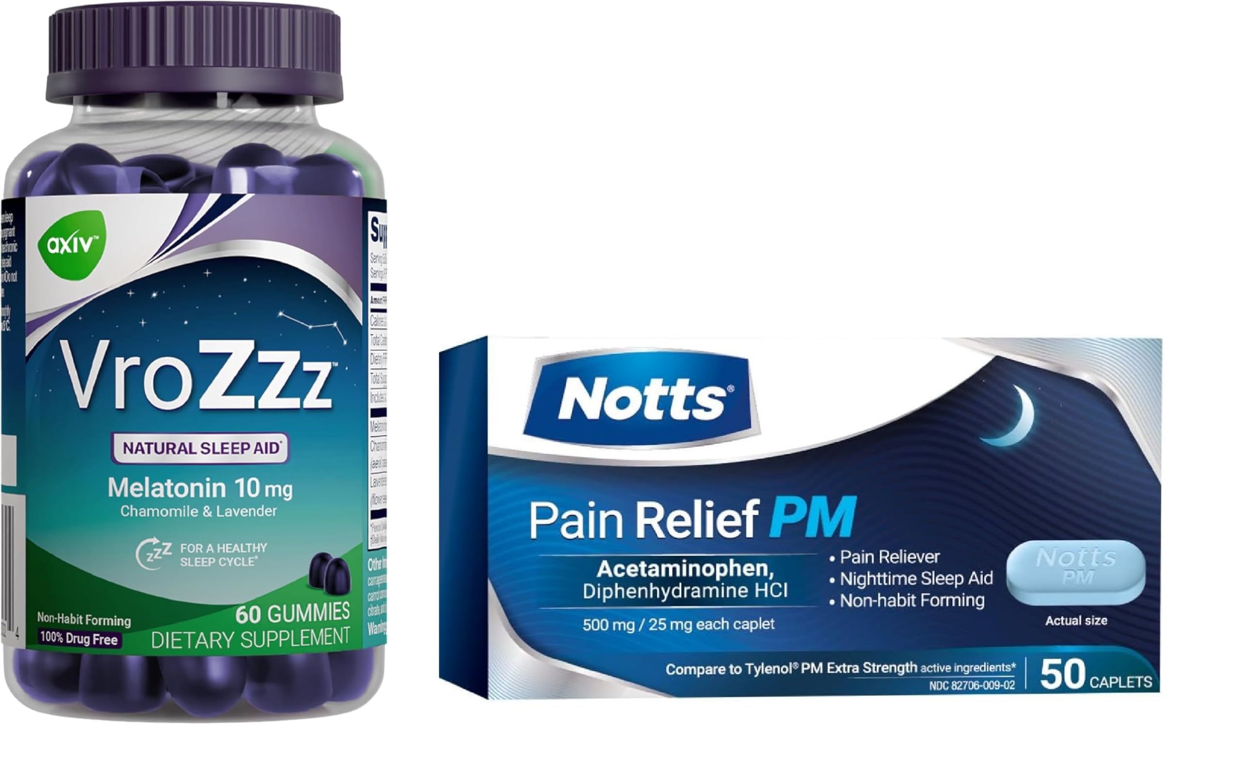 NOTTS Acetaminophen Caplets 50 Count and AXIV VroZzz Melatonin Gummies 10 mg, 60 Count