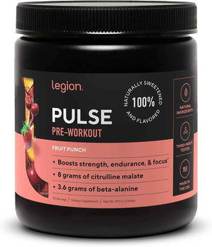 LEGION Pulse Pre Workout Supplement - All Natural Nitric Oxide Preworkout Drink to Boost Energy, Creatine Free, Naturally Sweetened, Beta Alanine, Citrulline, Alpha GPC (Fruit Punch & Blue Raspberry)