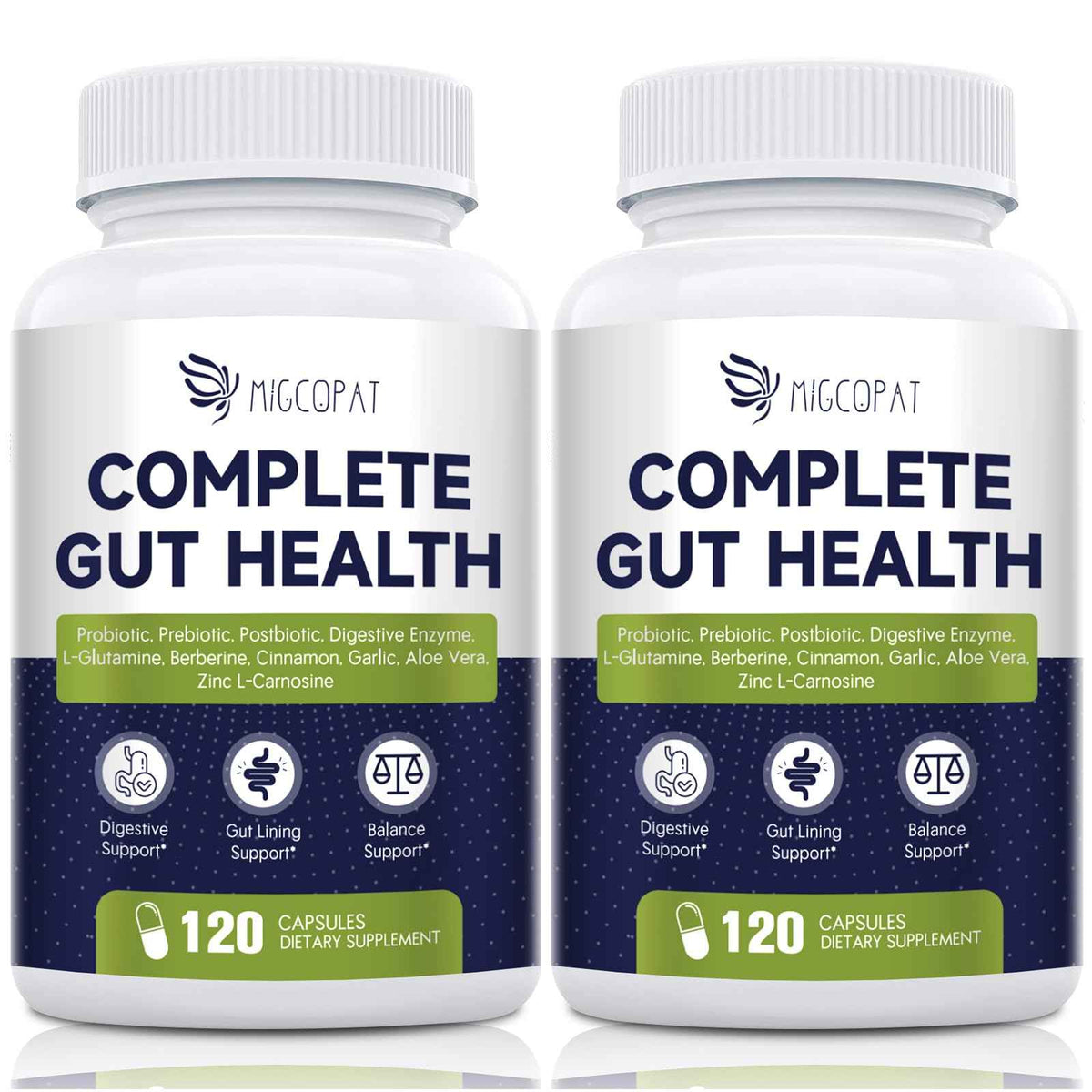 Migcopat Probiotic Prebiotic, Postbiotic & Digestive Enzymes for Digestive Health, 80 Billion CFU Probiotics Complete Gut Support with Berberine, Cinnamon, L-Glutamine, for Men & Women, 120 Capsules
