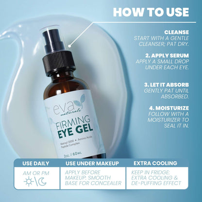Eva Naturals Eye Gel for Dark Circles, Bags & Puffiness - Anti-Aging Peptide Serum with Hyaluronic Acid - Firming Treatment (Set of 2, 2 oz)