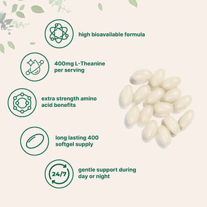 Micro Ingredients L-Theanine 400mg, 400 Softgels - Highly Bioavailable with Coconut Oil - Extra Strength Theanine Amino Acid - Calm & Relaxation Support + Focus Supplement - Non-GMO, Gluten Free