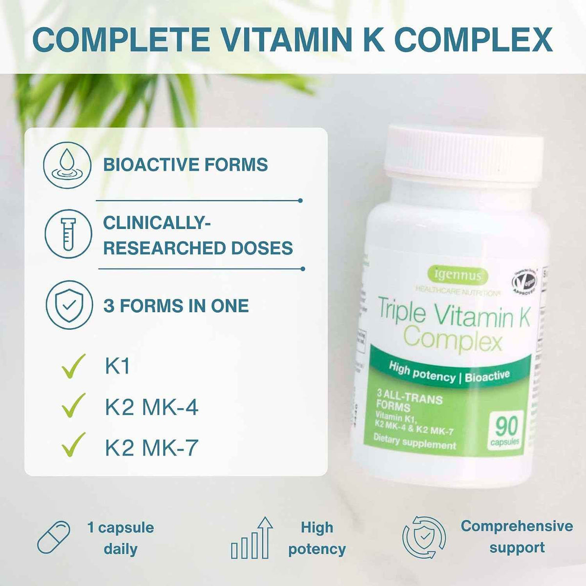 Igennus High Potency Vitamin K Complex, K1 & K2 (MK-4 & MK-7), 90 Capsules - All Trans Bioactive Form for Superior Bone & Cardiovascular Support, 1-a-Day, Clean Label, Vegan