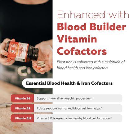 Organic Iron Supplement - Whole Food Mineral & Cofactors, 25 mg Elemental - Enhanced Absorption Plus Blood Health Vitamins - Gentle Form - Supports Healthy Levels & Blood Health - 90 Capsules
