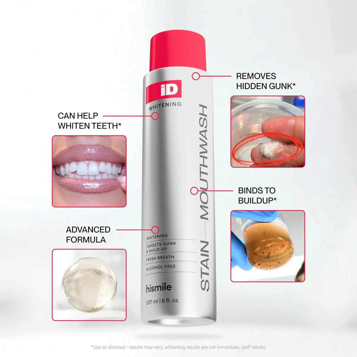 Hismile iD Stain Whitening Mouthwash, Gunk Removing Mouthwash for Fresh Breath, Hydrogen Peroxide Mouthwash to Promote Whiter Teeth,