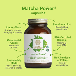 PURE SYNERGY Matcha Power - Organic Matcha Green Tea Capsules - Ceremonial Grade Supplement with EGCG - for Enhanced Energy & Alertness (90 Capsules)