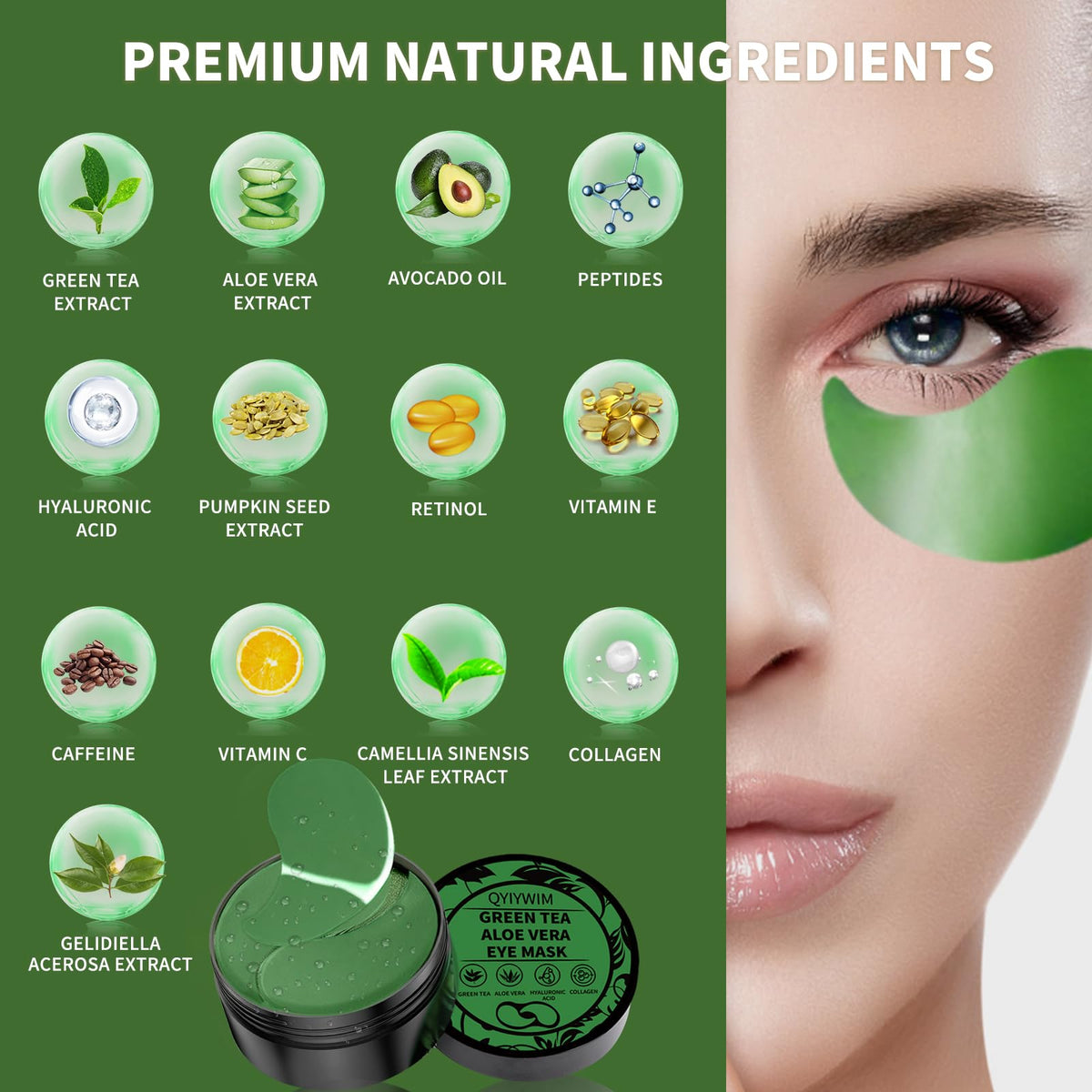 Qyiywim Green Tea Under Eye Patches – 70 PCS Eye Gel Pads for Dark Circles, Puffiness & Eye Bags