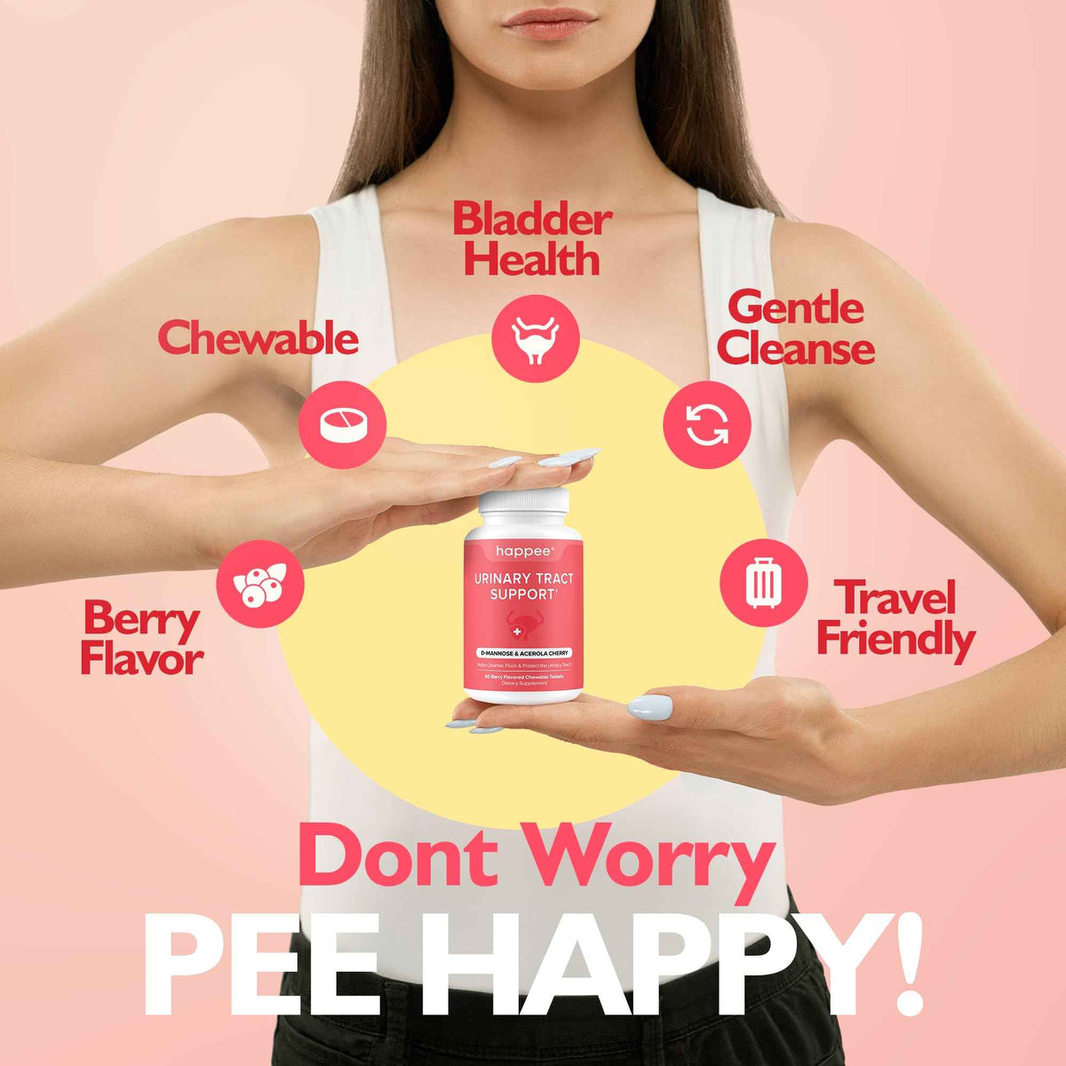 Happee Urinary Tract Health Supplement for Women & Men, Fast-Acting UTI Relief and Prevention, 500mg D-Mannose & Antioxidants, Supports Kidney and Bladder Health, Berry Flavor, 60 Chewables