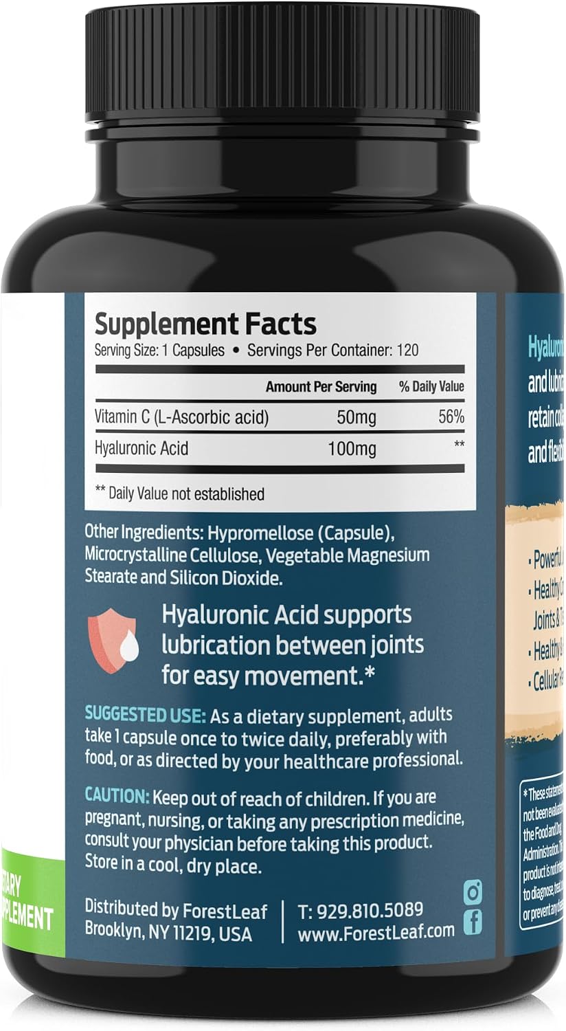 ForestLeaf Hyaluronic Acid Supplements - 100mg High Bioavailable Dietary Hyaluronic Acid Powder Capsules + 50mg VIT C - Supports Skin Hydration, Joint Lubrication, Anti-Aging, Hair & Nails - 120 Caps