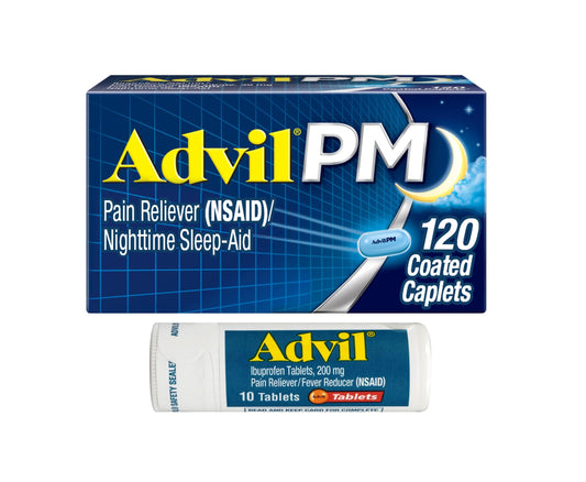 Advil PM Pain Reliever and Nighttime Sleep Aid, Ibuprofen for Pain Relief and Diphenhydramine Citrate for a Sleep Aid - 120 Coated Caplets and Pain Reliever and Fever Reducer, 10 Count Tablets