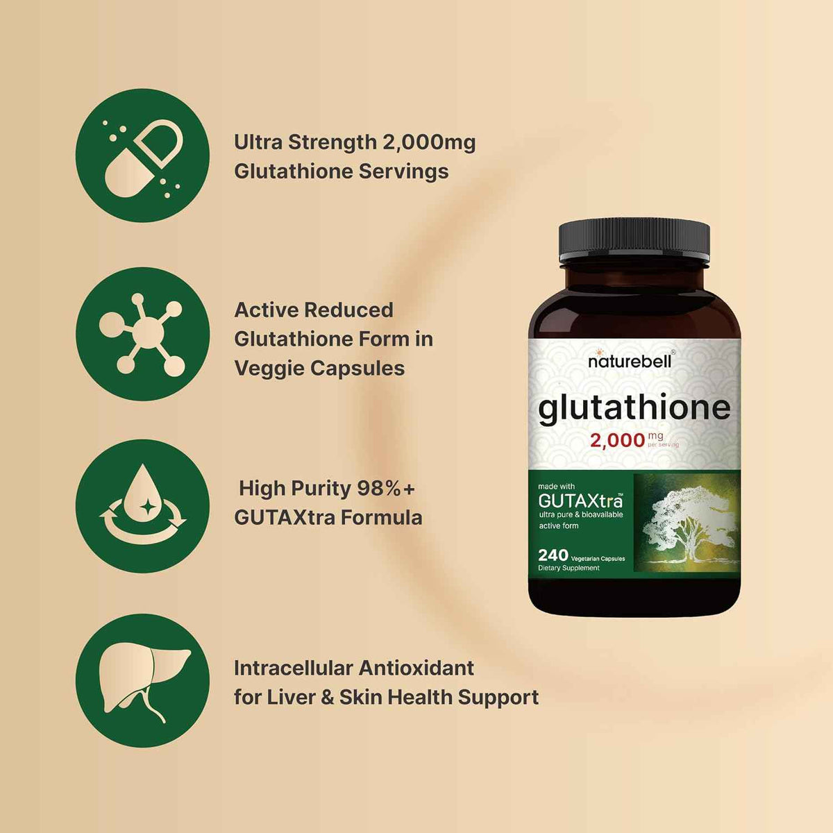 NatureBell Glutathione Supplement 2,000mg Per Serving, 240 Veggie Capsules - 98%+ Purity Verified, Bioavailable Reduced Glutathione Pills, Active Form, Master Antioxidant - Vegan Friendly & Non-GMO