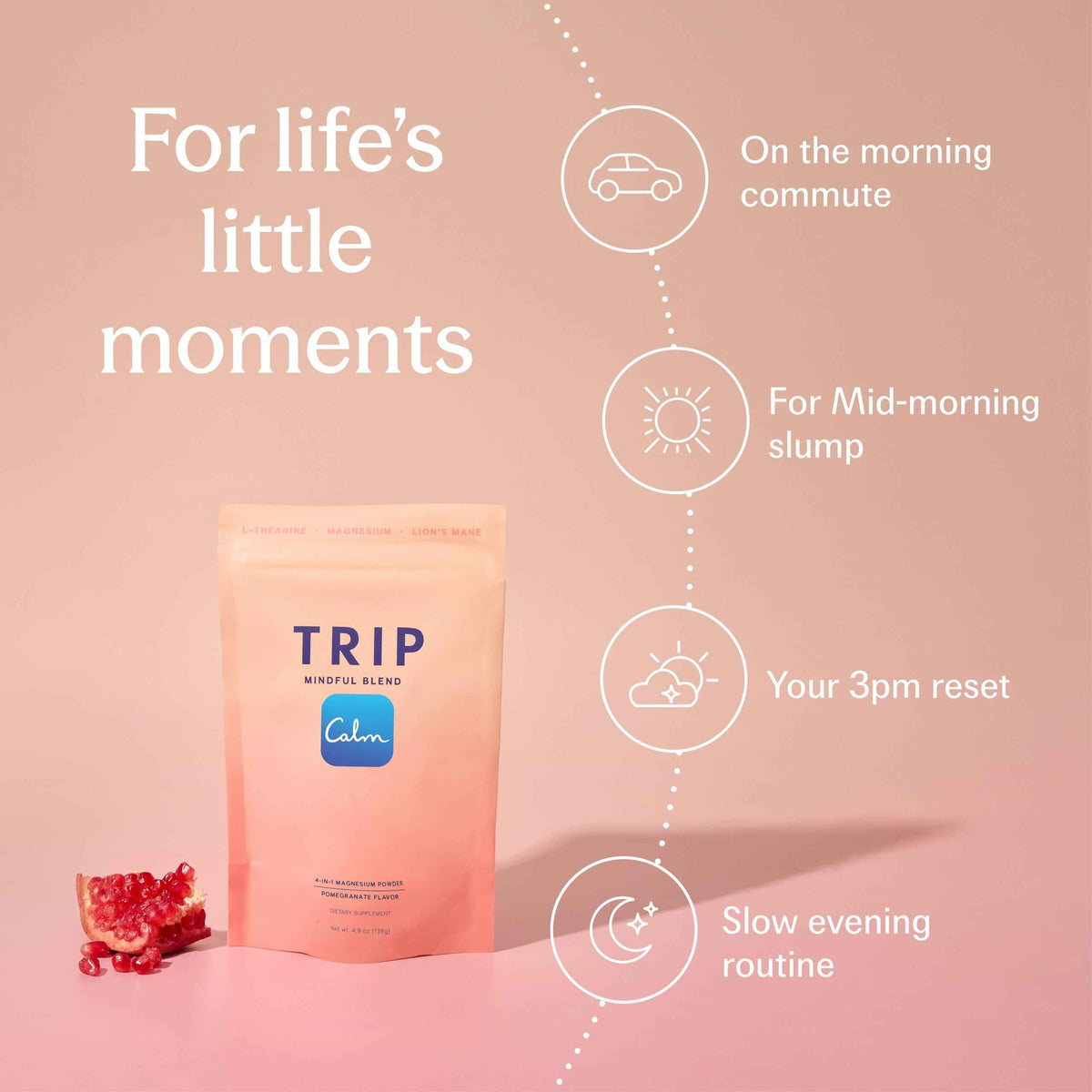 TRIP Magnesium Glycinate Powder with L-Theanine & Lion’s Mane, Sugar Free Magnesium Supplement for Adults, 250mg Magnesium per Drink Mix Serving, Pomegranate Orange Blossom, 1 Bag - 30 Servings