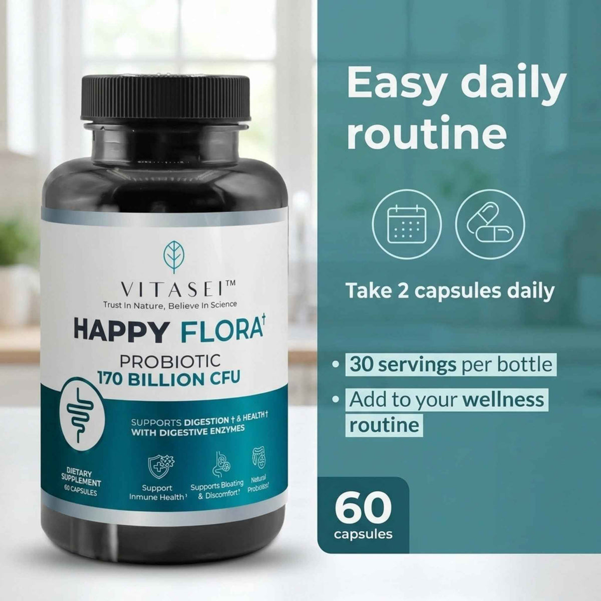 VITASEI Happy Flora Probiotic Supplement - 170 Billion CFU with Digestive Enzymes - Gut Health and Metabolic Support for Women and Men - 120 Capsules 2-Month Supply