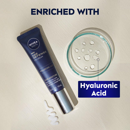 NIVEA MEN Age Defense Eye Cream (0.5 Fl Oz) - 24H Hydrating Under Eye Cream with Hyaluronic Acid for Wrinkles & Dark Circles
