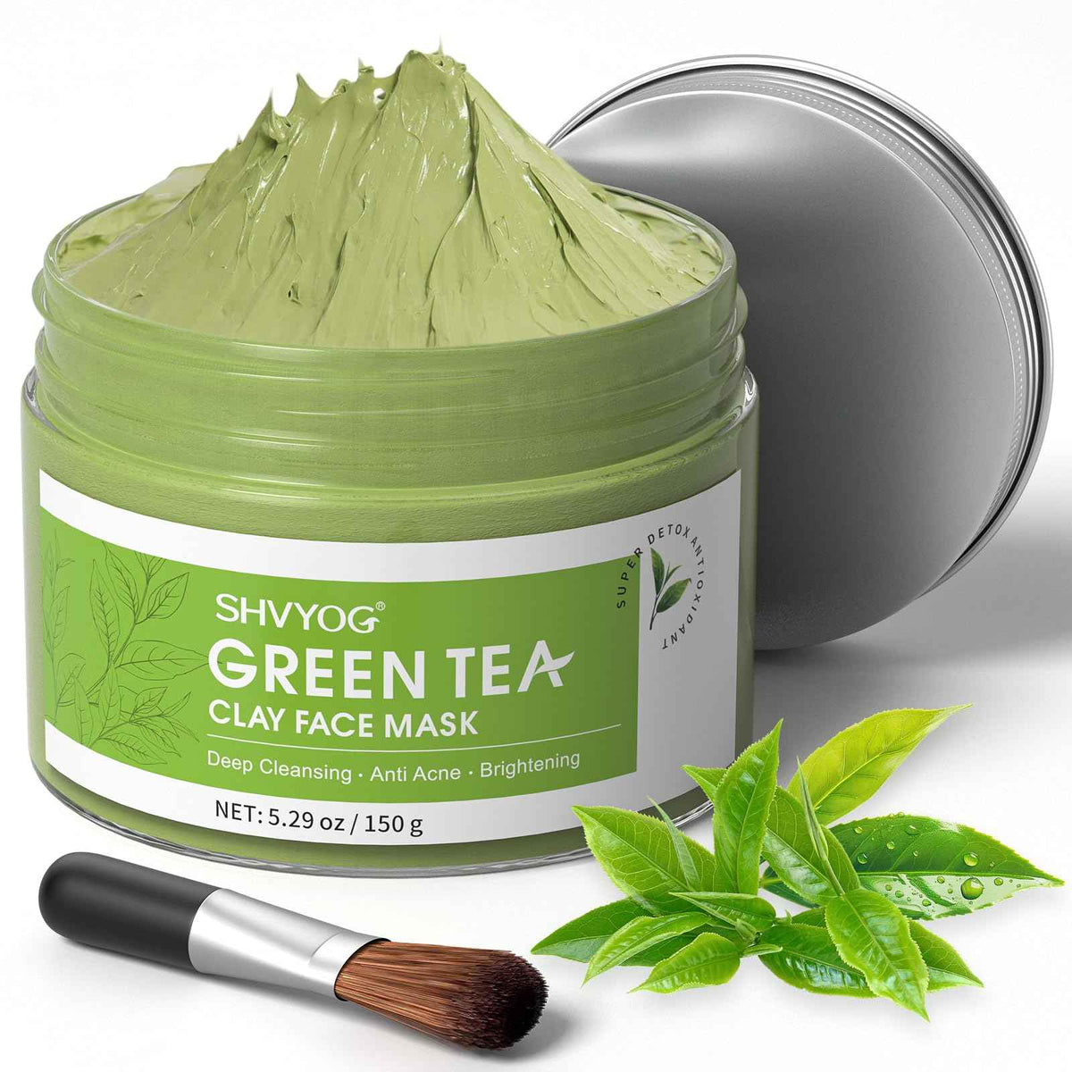 SHVYOG Green Tea Face Mask, Antioxidant Green Tea Clay Mask with Volcanic Mud, Deep Cleansing & Moisturizing & Hydrating Clay Facial Mask
