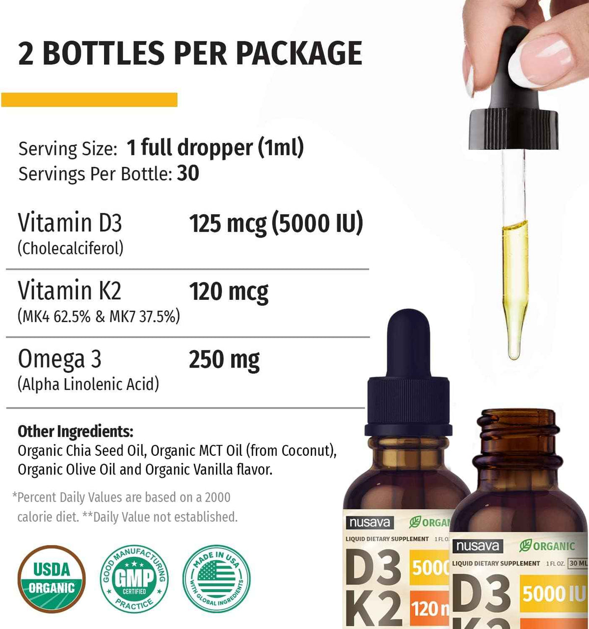 NUSAVA Vitamin B12 Liquid Drops, Strawberry Flavored D3 K2 & Vanilla Flavored D3 K2 Bundle - Daily Wellness Liquid Vitamins for Energy & Immune Support - Non-GMO, Gluten-Free, 2pk Each