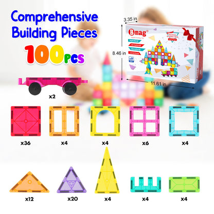 Bmag 100PCS Magnet Building Blocks with 2 Cars for Kids, Magnetic Tiles Stacking Building Set for Boys Girls, STEM Preschool Educational Learning Construction Toy