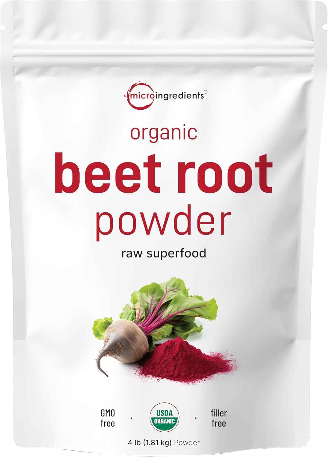 Micro Ingredients Organic Beet Root Powder, 4lb (64 oz) - Nitric Oxide Supplement, Water Soluble, Highly Concentrated Raw Beet Supplement, Superfood Drink Mix, Non-GMO, Plant Based