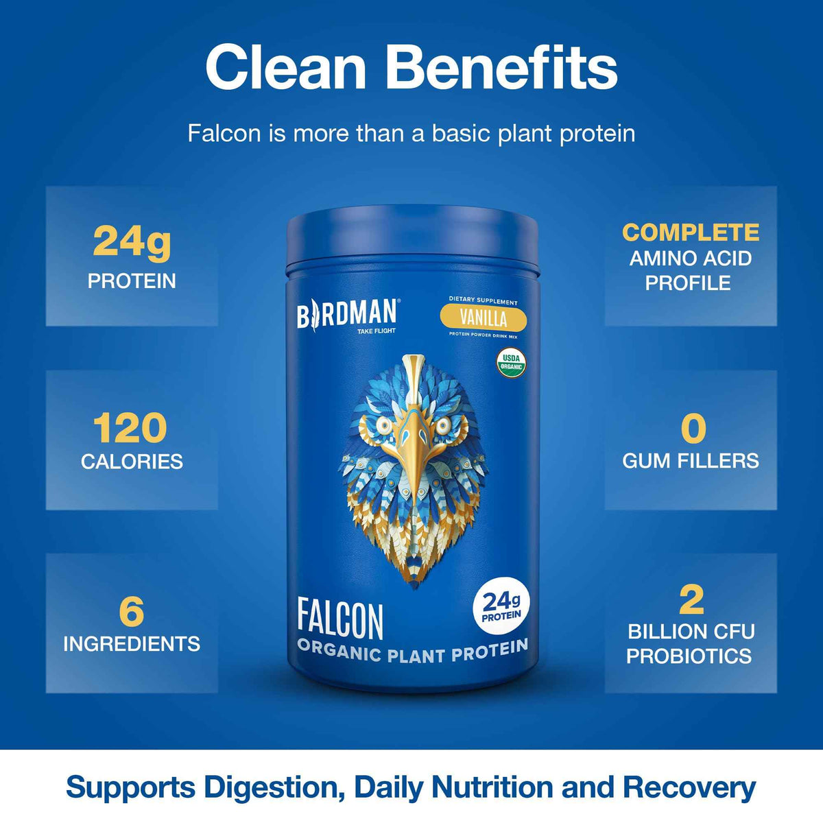BIRDMAN Falcon Organic Vegan Protein Powder Vanilla, 24g Protein, Sugar Free, Probiotics, Low Carb, Keto Friendly, Dairy Free, Lactose Free, Non Whey