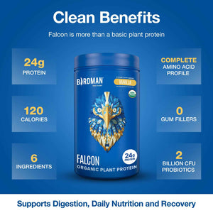 BIRDMAN Falcon Organic Vegan Protein Powder Vanilla, 24g Protein, Sugar Free, Probiotics, Low Carb, Keto Friendly, Dairy Free, Lactose Free, Non Whey