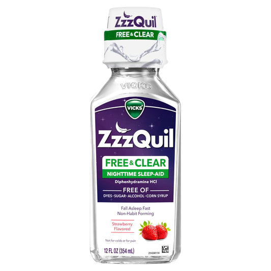 ZzzQuil, Nighttime Sleep Aid Liquid, Free of Alcohol & Artificial Dyes, 50 mg Diphenhydramine HCl, No.1 Sleep Aid Brand, Fall Asleep Fast, Non-Habit Forming, Soothing Berry Flavor, 12 FL OZ