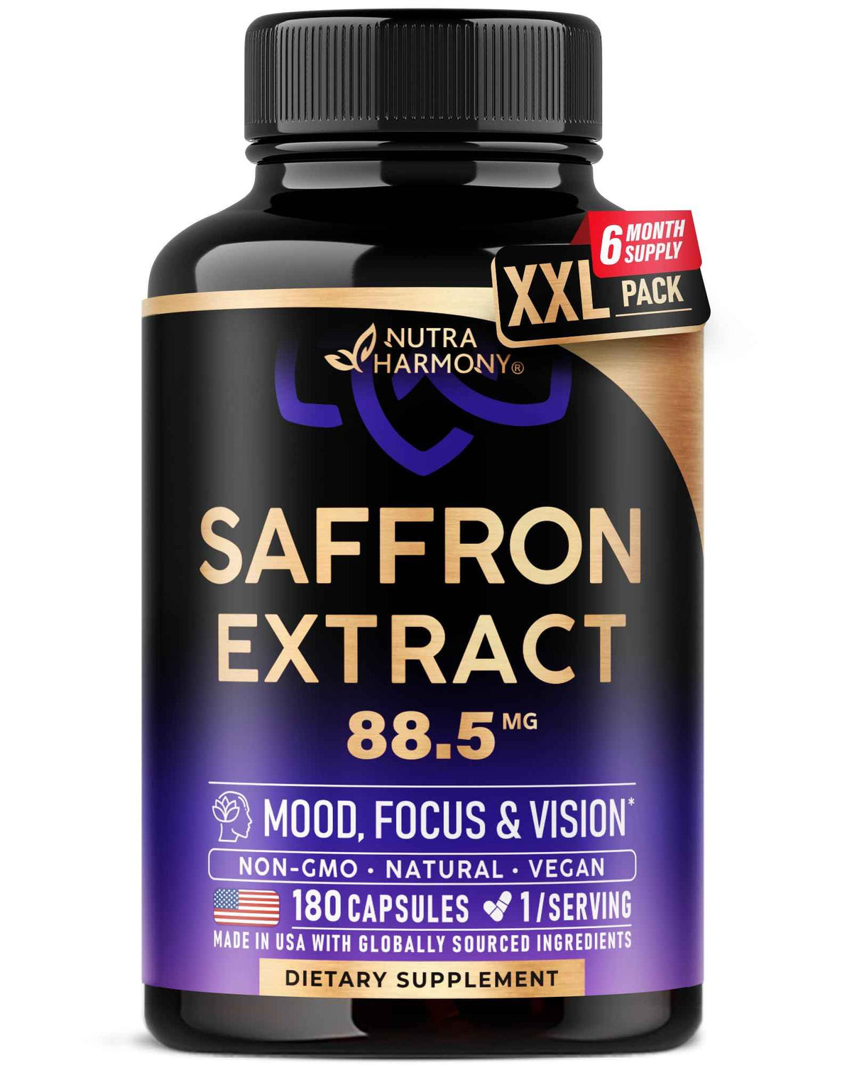 Natural Saffron Supplements - Pure Saffron Extract 88.5 mg - Mood - Focus - Vision - Energy Support - Eye Health for Women & Men - Lab Tested - NonGMO Vegan Pills - 90 Powder Capsules, 3 Month Supply