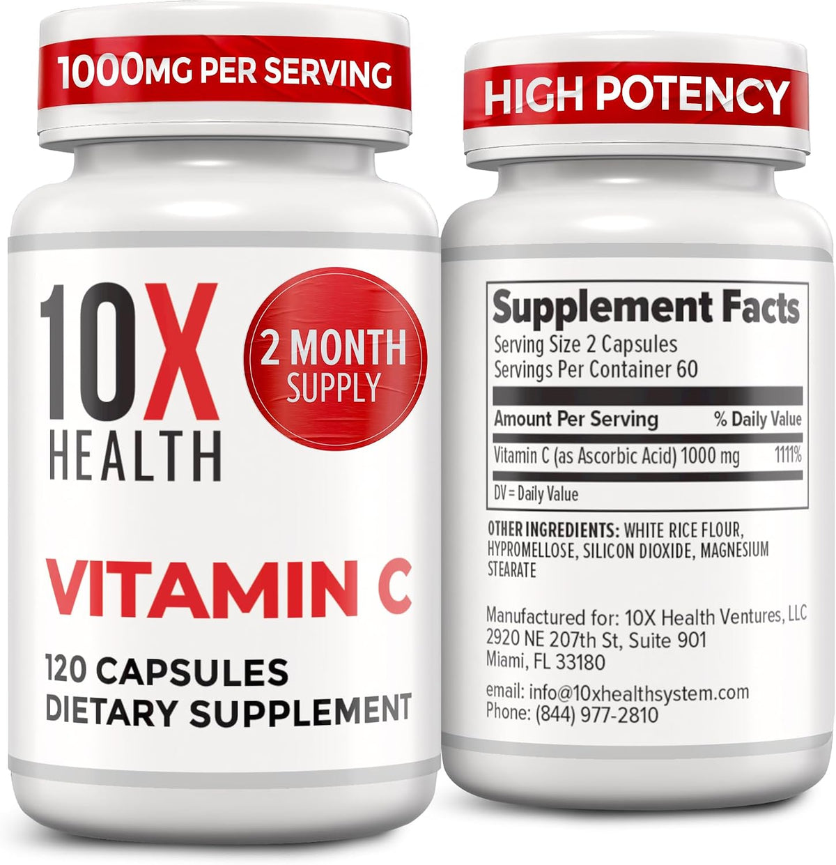 10X Health Vitamin C 1000mg - 120 Capsules - Ascorbic Acid: 1000mg Vitamin C, Immunity & Collagen Support, Non-GMO, 120ct