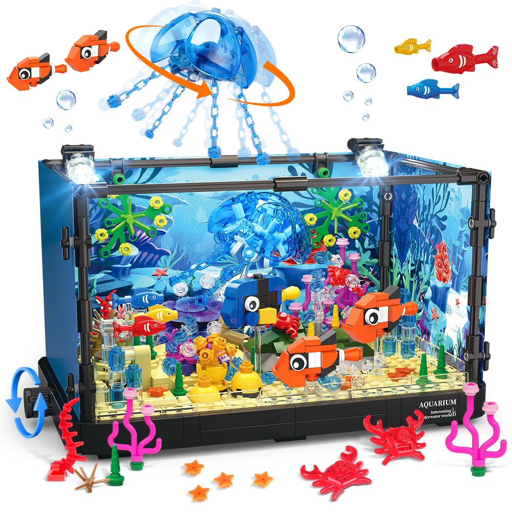 HOGOKIDS Fish Tank Building Set with LED Light and Ocean Animals for Kids