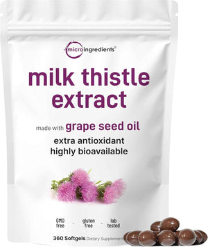 Micro Ingredients Milk Thistle Supplement - 360 Softgels with Grape Seed Oil - Highly Bioavailable Extract - Contains Active Silymarin + Antioxidants