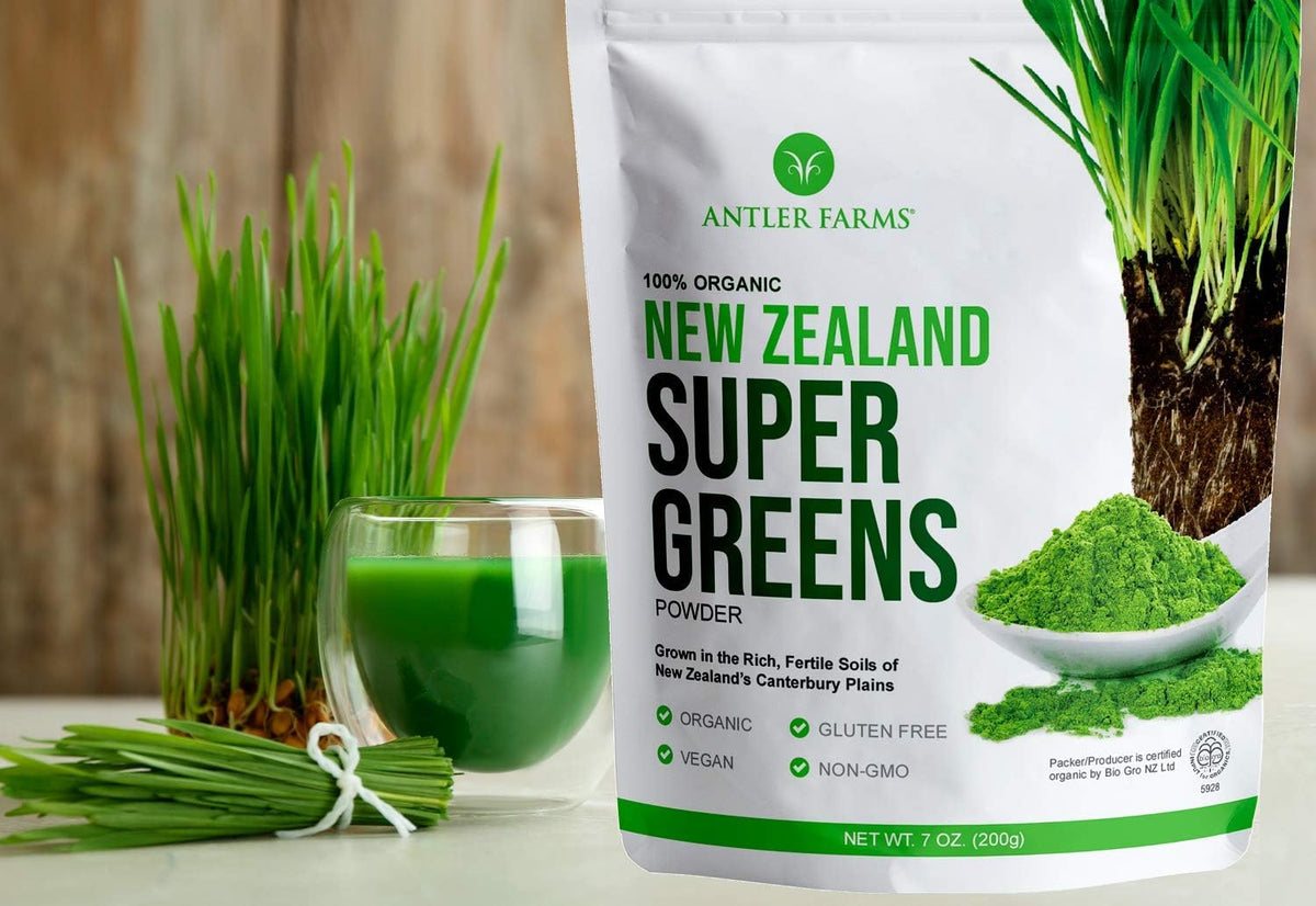 Antler Farms New Zealand Super Greens Powder - Organic, 40 Servings, 200g - 100% Pure, Wheat Grass, Barley Grass, Chlorella, Spirulina - Vegan, Gluten Free, Chlorophyll Rich, for Energy and Detox