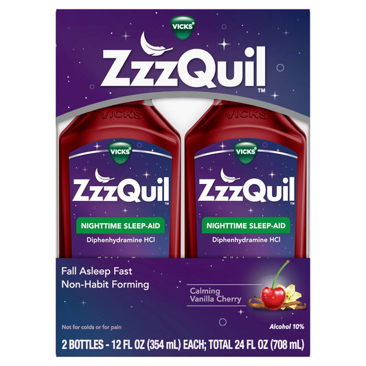 ZzzQuil Liquid Sleep Aid, Diphenhydramine 50mg HCl, Calming Vanilla Cherry Flavored, Nighttime Sleep Aid Liquid, Sleep Aids for Adults, 2 Pack, 24 FL OZ
