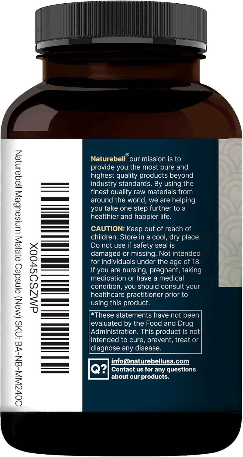 NatureBell Magnesium Malate 1,500mg, 240 Capsules - Chelated for High Absorption - Energy & Nervous System Support - Non-GMO, Gluten-Free