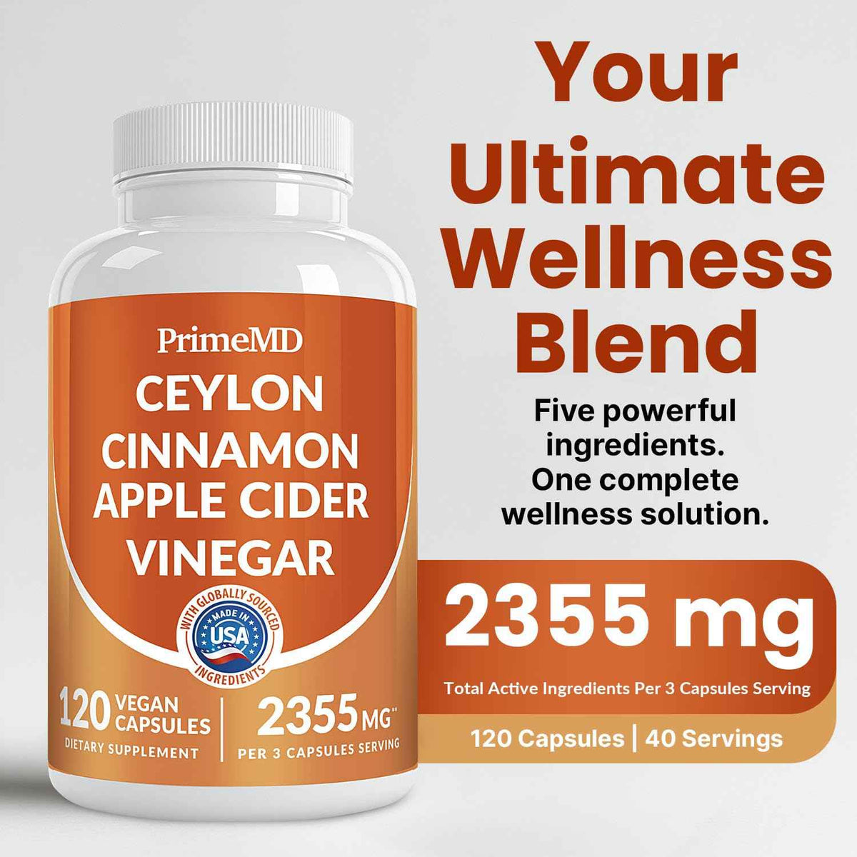 5-in-1 Ceylon Cinnamon Capsules 2355mg - Apple Cider Vinegar Capsules with Turmeric, Panax Ginseng & Bioperine - Cinnamon Supplements for Women & Men