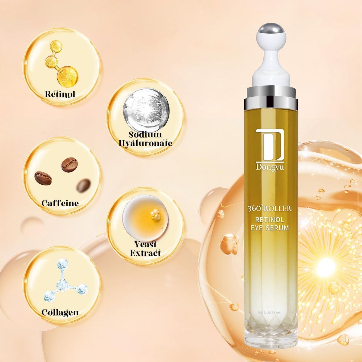 Dongyu Retinol Eye Serum 360° Roller – Anti-Aging Treatment with Massage Ball for Dark Circles, Puffiness & Wrinkles