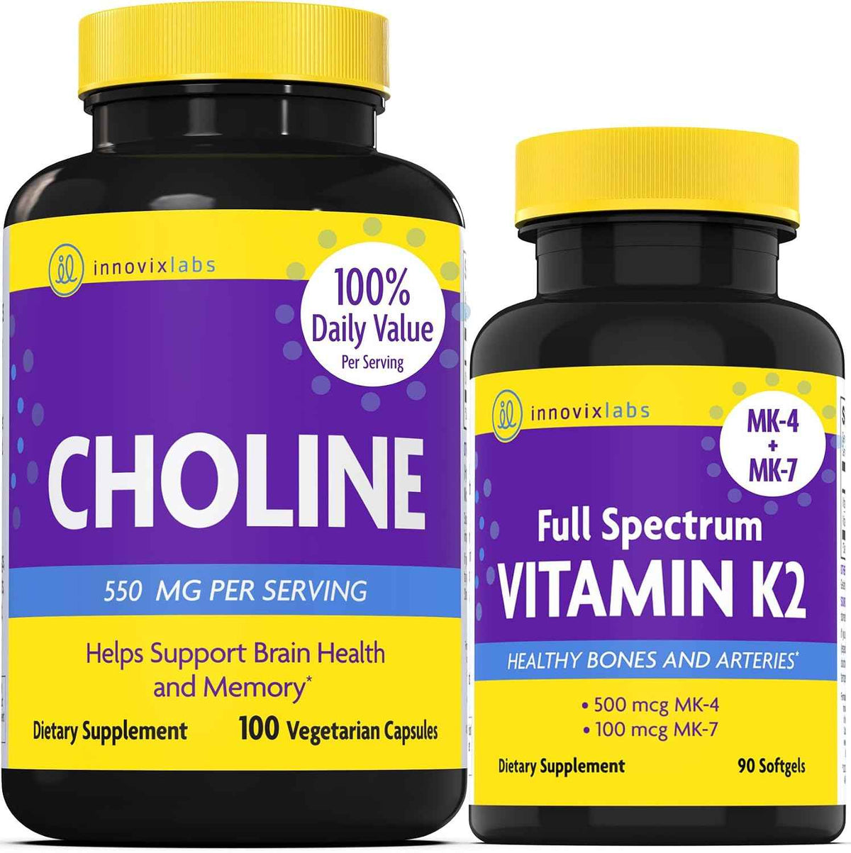InnovixLabs Choline & Vitamin K2 Bundle Choline Bitartrate 550mg (100 Capsules) Full Spectrum Vitamin K2 (90 Softgels). Supports Memory, Mood, Brain Health & Boost Cognitive.*