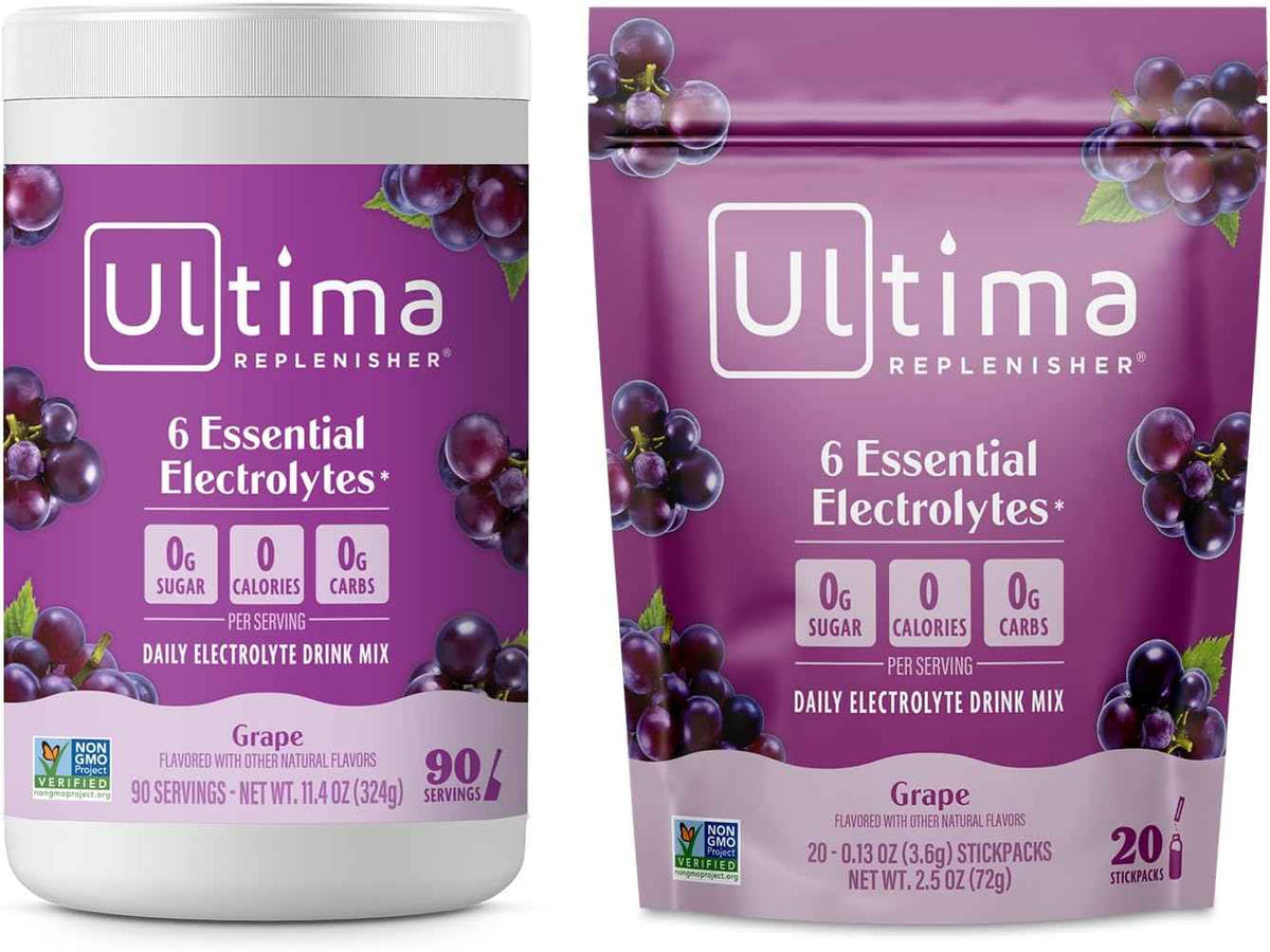 Ultima Replenisher Electrolyte Powder Drink Mix Bundle - Sugar Free - Grape, 90 Serving Canister and 20 Stickpacks - 6 Electrolytes and Minerals - Keto Friendly, Vegan, Non-GMO
