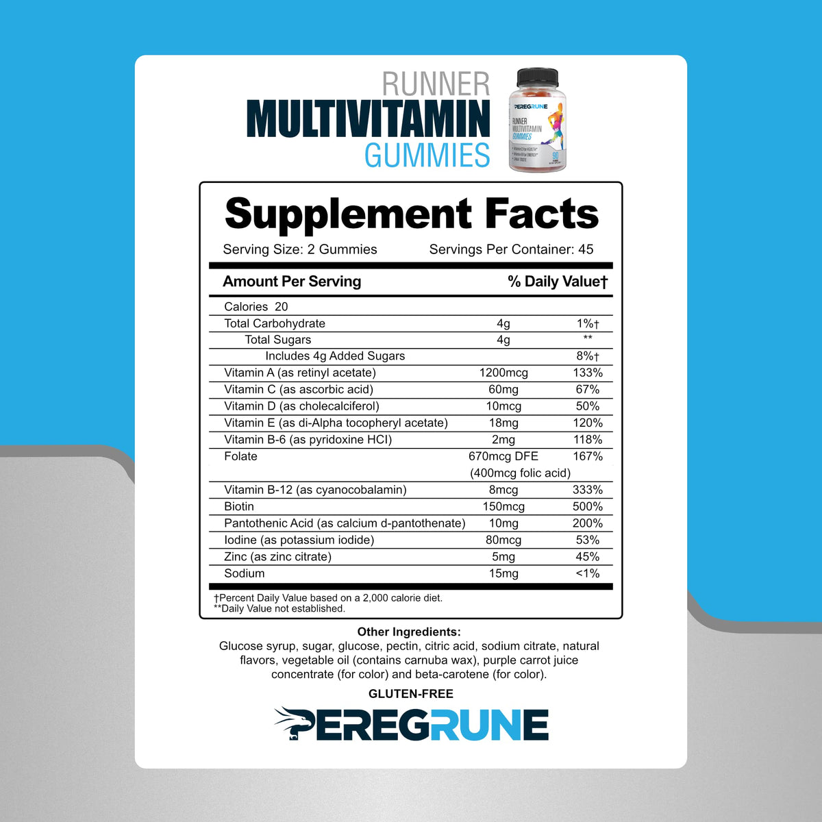PEREGRUNE Runner Multivitamin Gummies - Daily Vitamin for Running with Vitamins A, C, D, E, and B Complex – 50% Less Sugar – Antioxidants, Recovery, Endurance, and Energy Gummy – Running Supplement