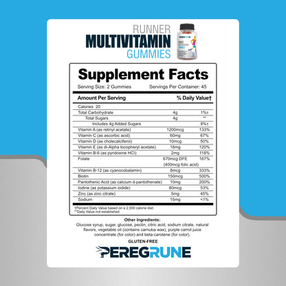 PEREGRUNE Runner Multivitamin Gummies - Daily Vitamin for Running with Vitamins A, C, D, E, and B Complex – 50% Less Sugar – Antioxidants, Recovery, Endurance, and Energy Gummy – Running Supplement