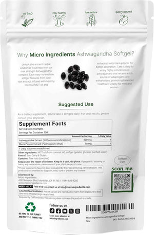 Micro Ingredients Ashwagandha Supplement with Black Pepper - 300 Coconut MCT Oil Softgels - High Potency Root Extract - Better Absorption - Non-GMO