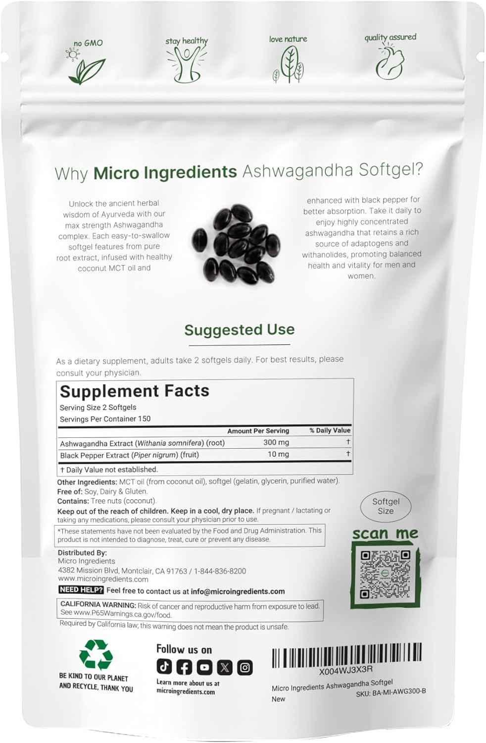 Micro Ingredients Ashwagandha Supplement with Black Pepper - 300 Coconut MCT Oil Softgels - High Potency Root Extract - Better Absorption - Non-GMO