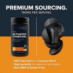 Type Zero Activated Charcoal (780mg) 180 Capsules, 60 Servings, Gluten-Free - From Coconut Shell, GMO-Free