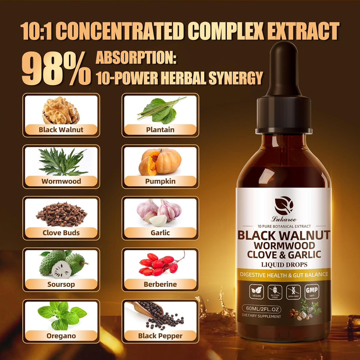 Wormwood Black Walnut Clove Cleanse Tincture - Gut Health & Detox - with Garlic Pumpkin Seeds Soursop Oregano - Digestive & Intestinal Support for Humans - Vegan, Herbal Blends, Liposomal Tech