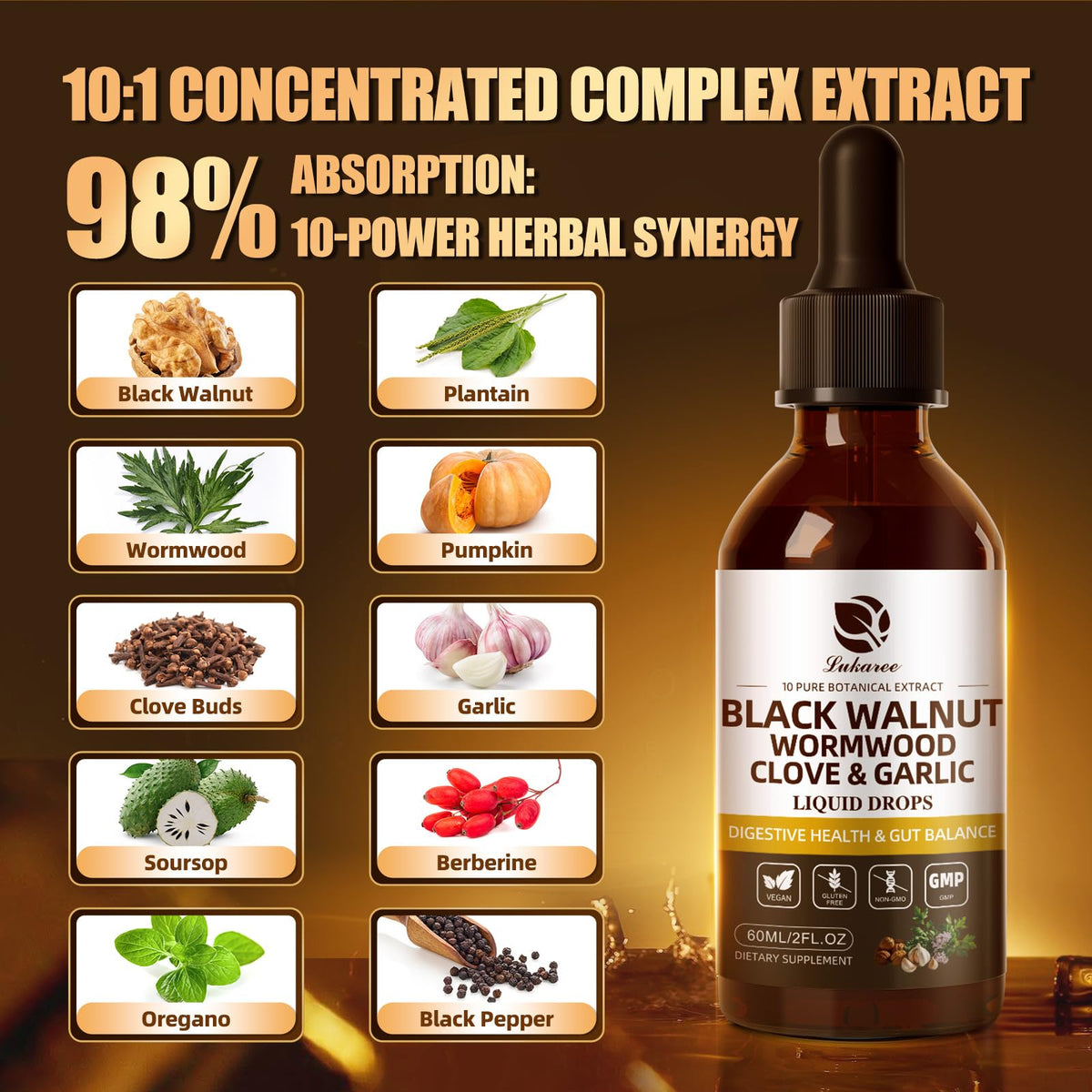 Wormwood Black Walnut Clove Cleanse Tincture - Gut Health & Detox - with Garlic Pumpkin Seeds Soursop Oregano - Digestive & Intestinal Support for Humans - Vegan, Herbal Blends, Liposomal Tech