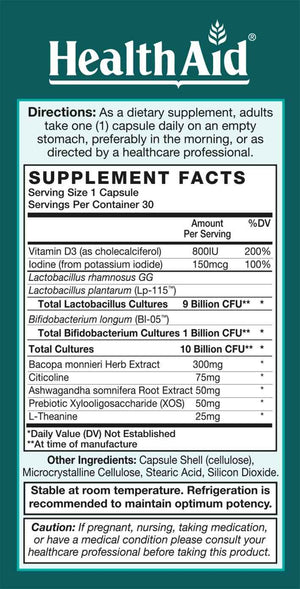 FocusProbio for Adults - 10 Billion CFU Probiotic with Prebiotic, Bacopa, Citicoline, L‑Theanine, Ashwagandha & Vitamin D₃ - Supports Focus, Mood & Gut-Brain Balance - Vegetarian, Once Daily