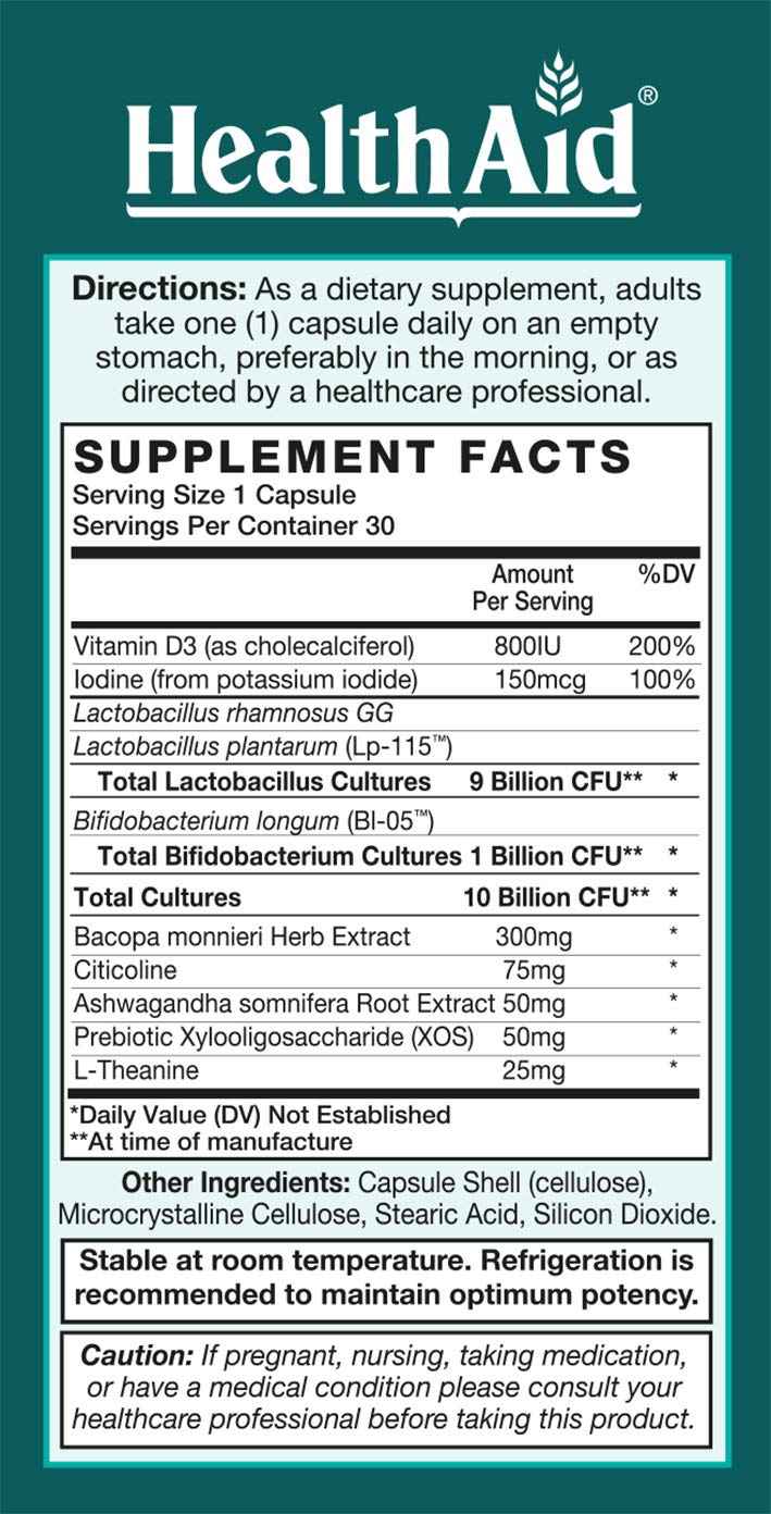 FocusProbio for Adults - 10 Billion CFU Probiotic with Prebiotic, Bacopa, Citicoline, L‑Theanine, Ashwagandha & Vitamin D₃ - Supports Focus, Mood & Gut-Brain Balance - Vegetarian, Once Daily