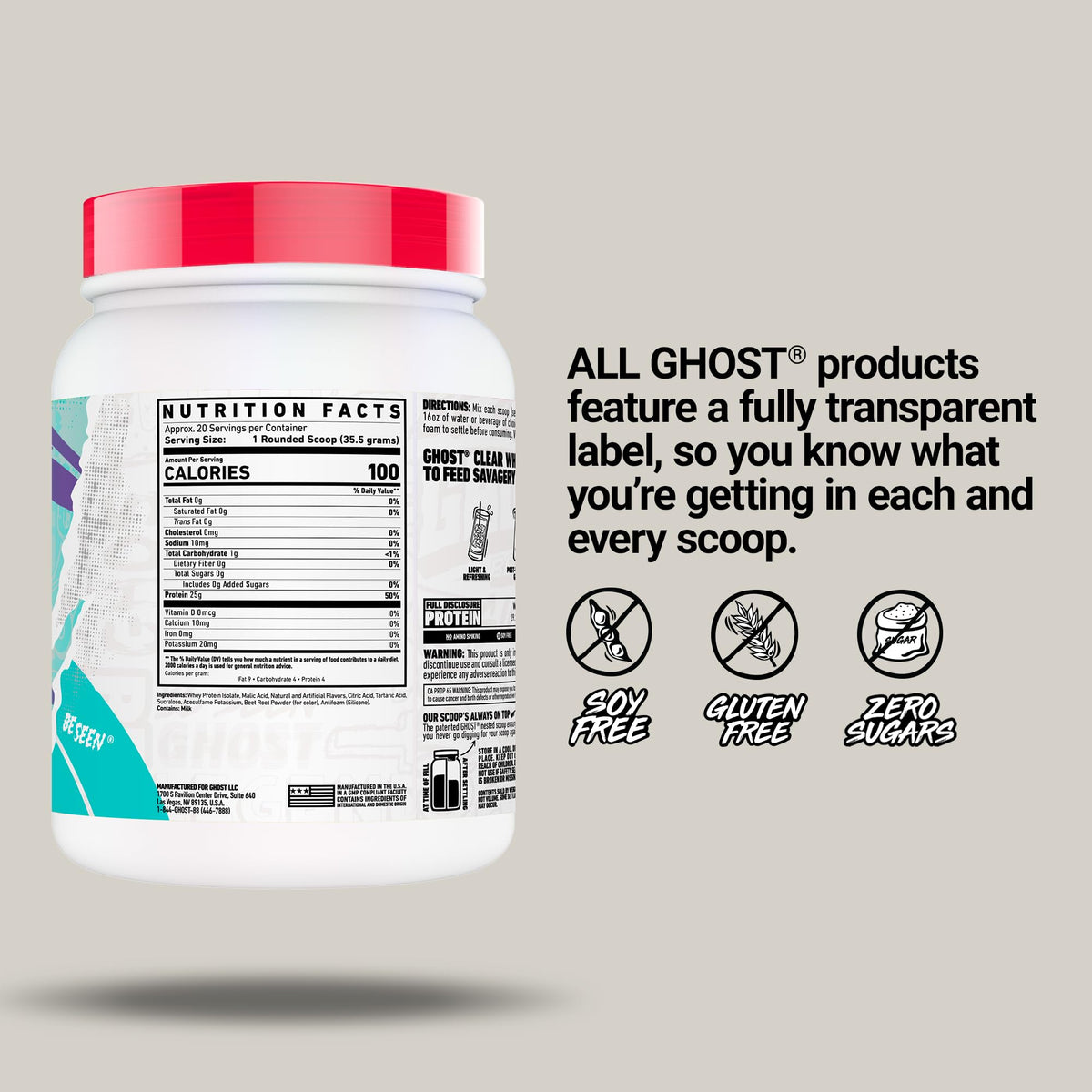 GHOST Clear Whey Isolate Protein Powder, Blue Raspberry - 1.4 LB Tub, 25G of Whey Protein - Post Workout Drink for Muscle Gain & Recovery - Sugar Free, Soy Free & Zero Fat, 20 Servings