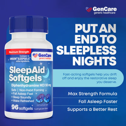 GenCare Nighttime Sleep Aid Diphenhydramine HCl 50mg, 96 Softgels