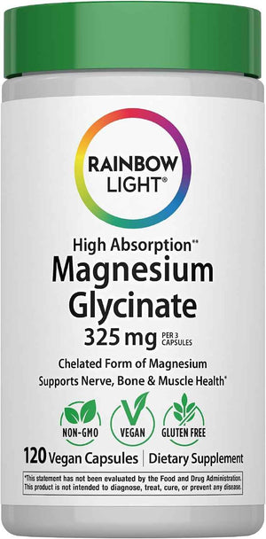 Rainbow Light Magnesium Glycinate 325 mg - 120 Capsules - High Absorption, Chelated Form of Magnesium - Supports Nerve, Bone, & Muscle Health - Vegan, Non-GMO and Gluten Free