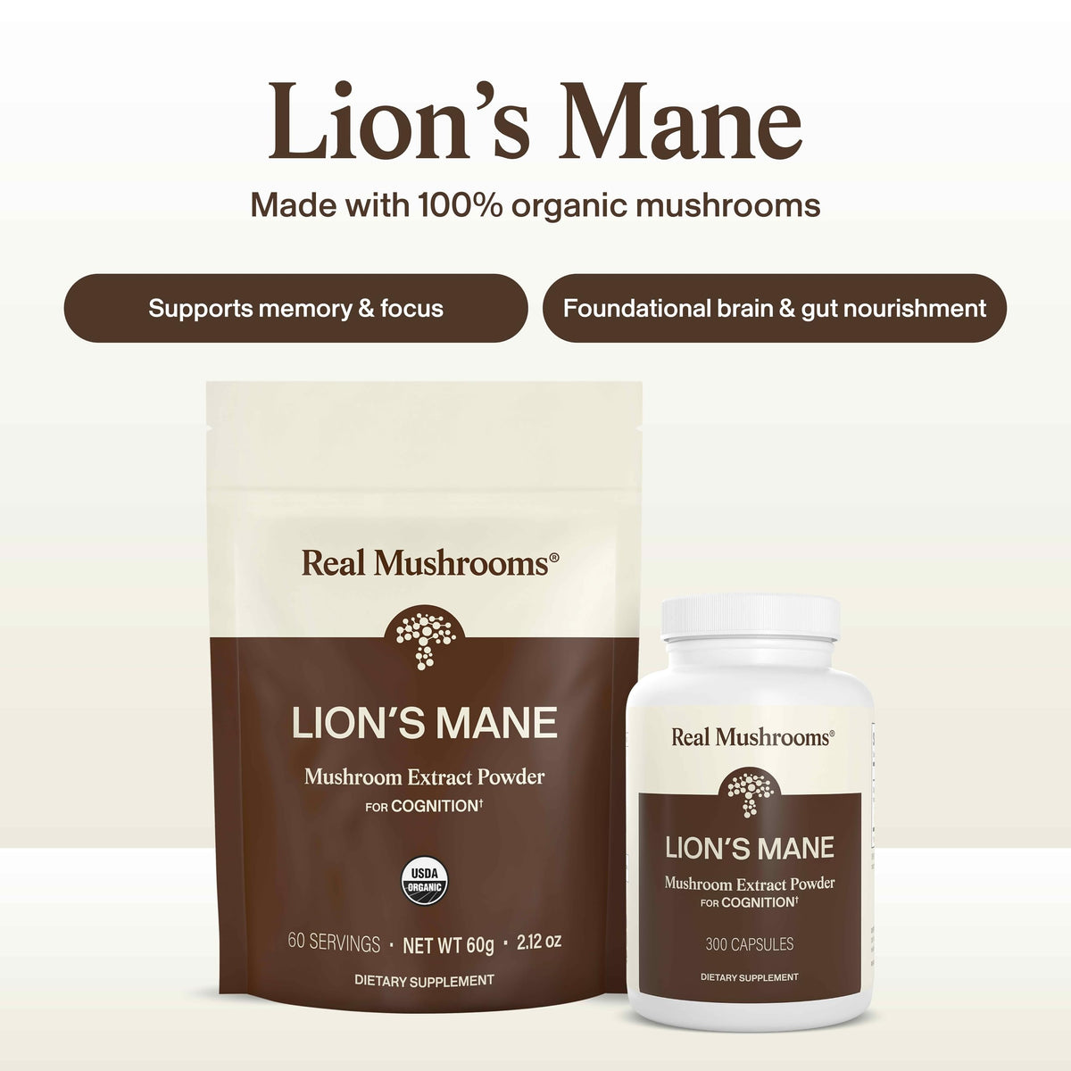 Real Mushrooms Lions Mane Mushroom Cognition (120 Capsules) Lions Mane Mushroom Powder Extract Capsules - Brain Supplement, Brain Vitamins, Focus Supplement