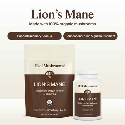 Real Mushrooms Lions Mane Mushroom Cognition (120 Capsules) Lions Mane Mushroom Powder Extract Capsules - Brain Supplement, Brain Vitamins, Focus Supplement